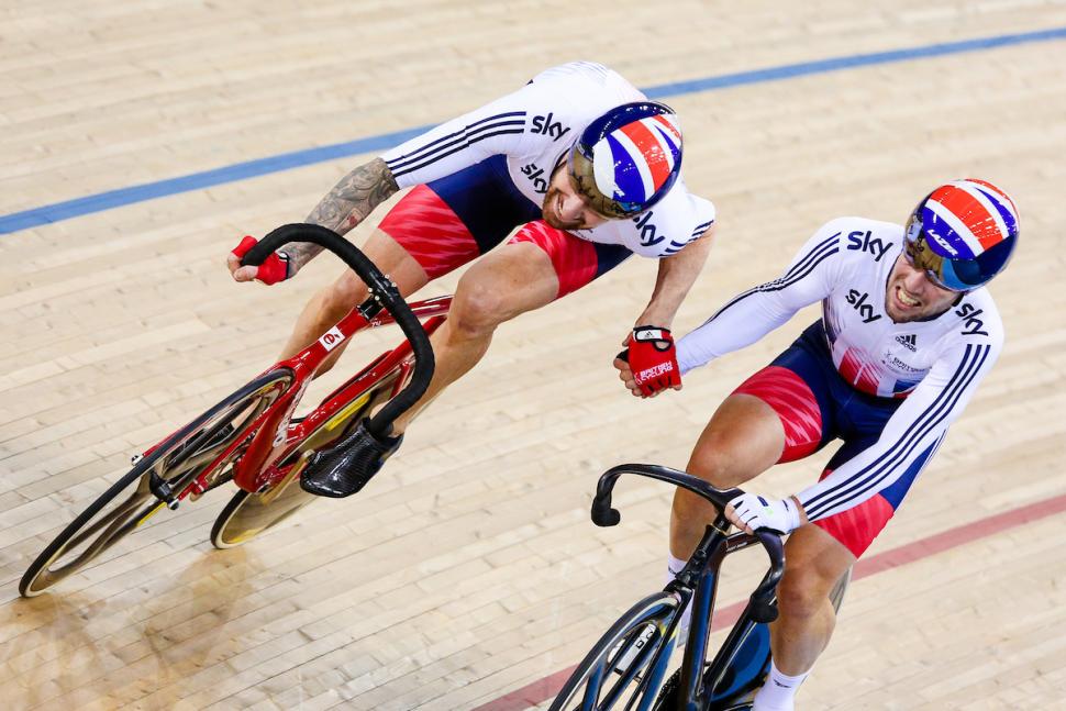 Sir Bradley Wiggins and Mark Cavendish in the madison at the 2016 UCI Track Cycling World Championships (picture credit Charlie Forgham-Bailey SWpix.com)