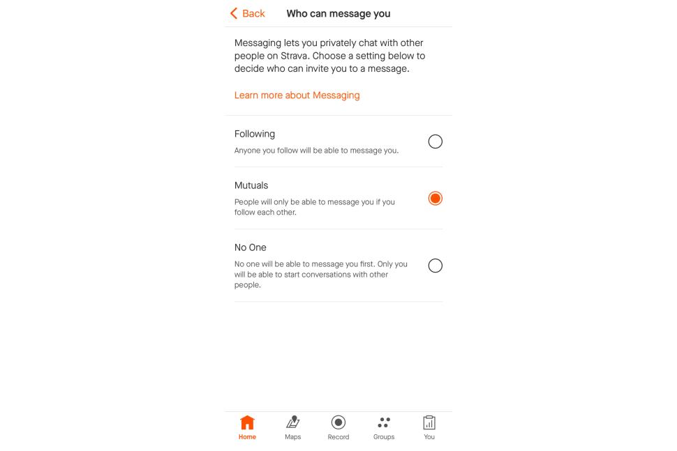 Strava messaging settings