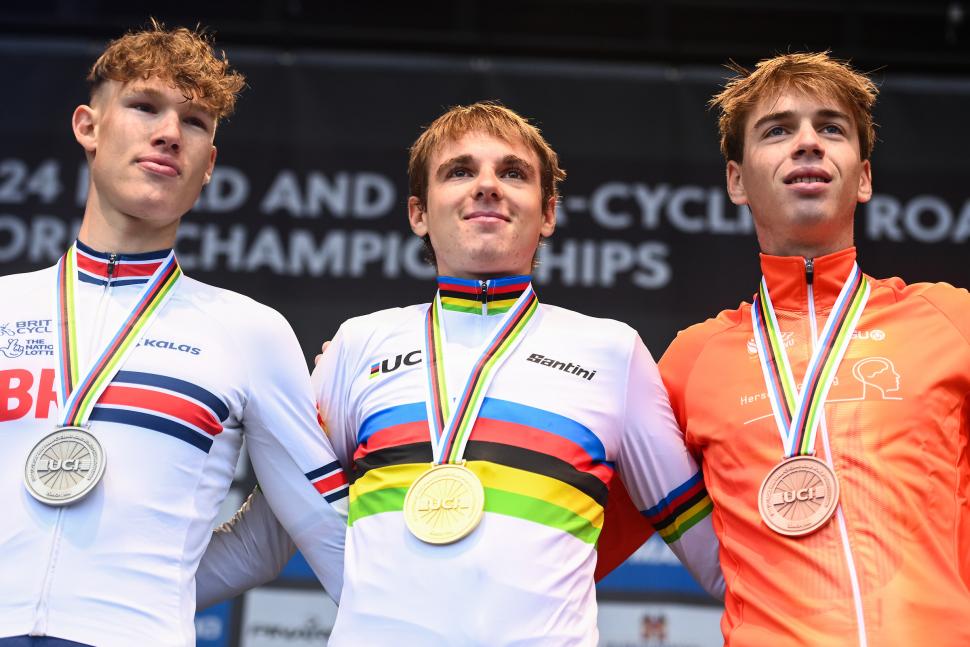 Men's junior road race podium 2024 UCI World Championships (Simon Wilkinson/SWpix.com)