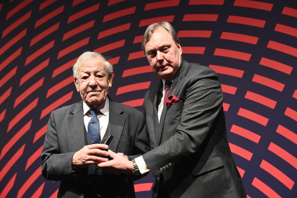 Jon Miles receives British Cycling&rsquo;s gold badge of honour from Bob Howden, 2023 British Cycling Awards