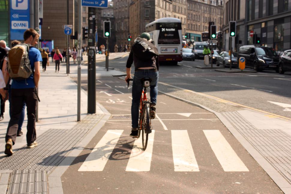 Cyclist using cycle lane in Edinburgh