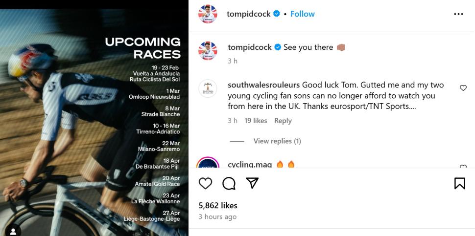 Tom Pidcock TNT Eurosport Instagram comment