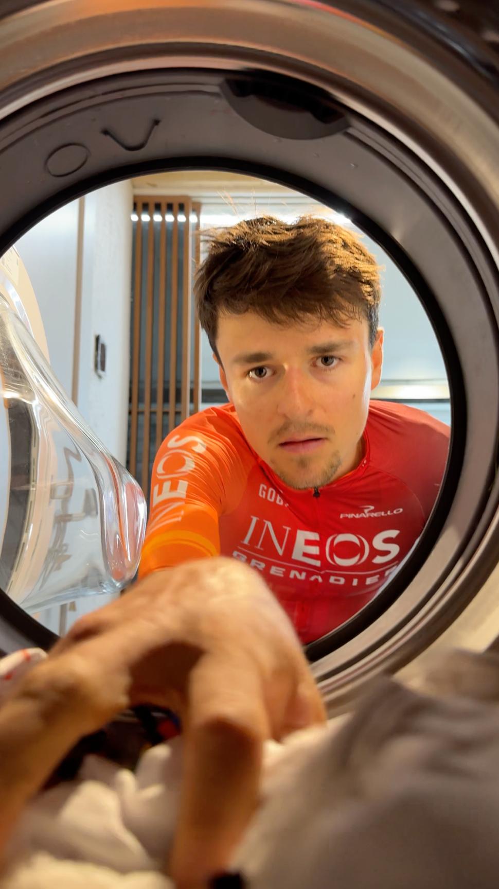 Tom Pidcock does his washing (press release for new Ineos laundry liquid)