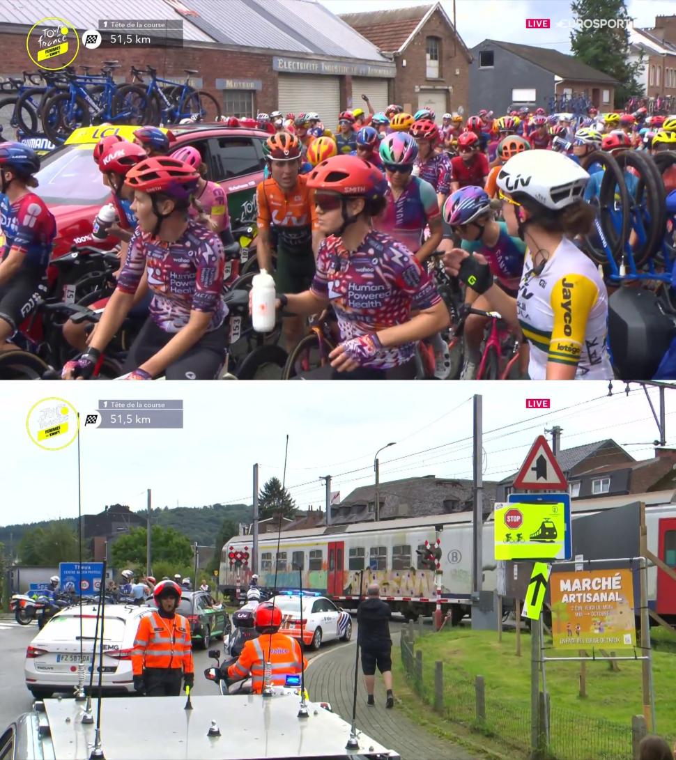 Tour de France Femmes stopped by level crossing (Eurosport)