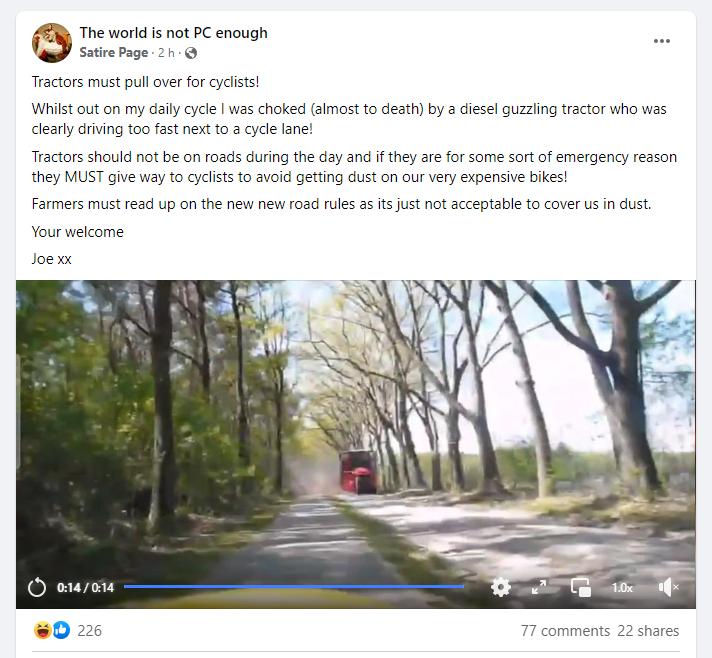Tractors and cyclists Facebook satire 2 ('The world is not PC enough', Facebook)
