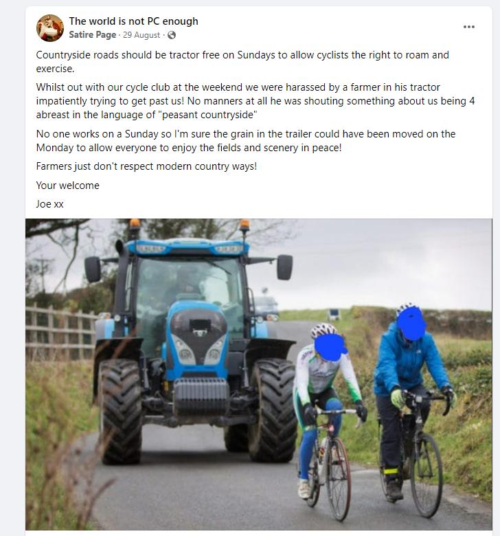 Tractors and cyclists Facebook satire ('The world is not PC enough', Facebook)