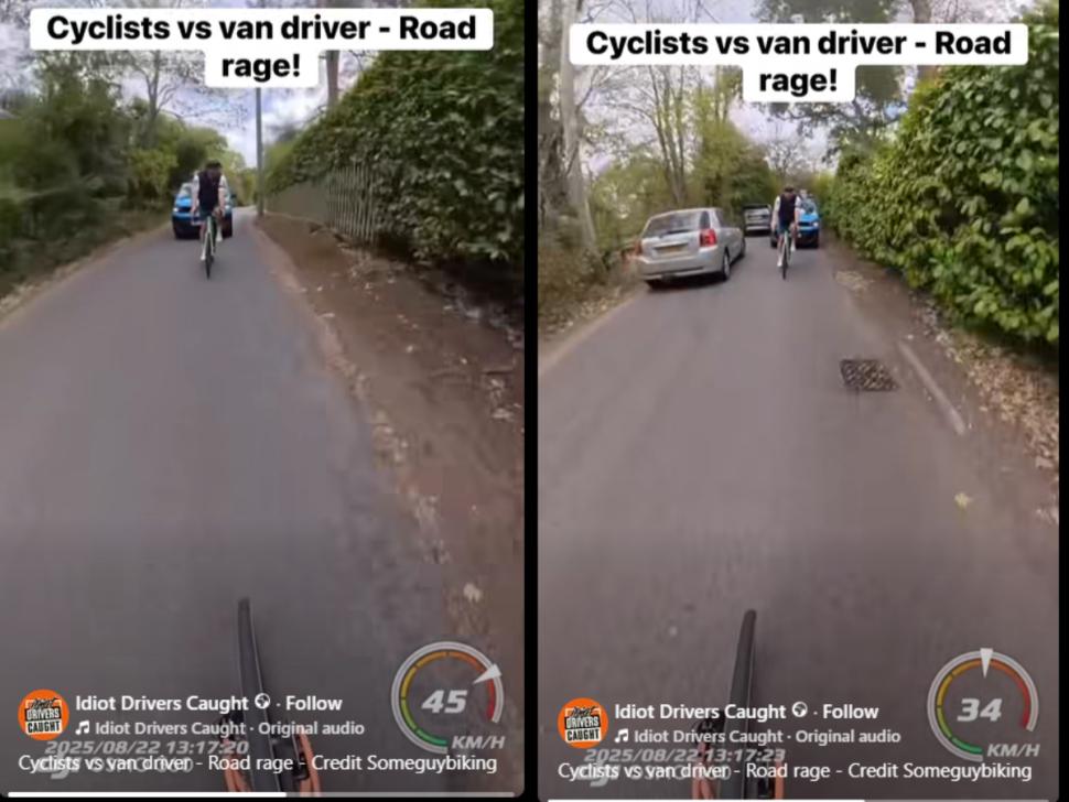 Van driver pushes past cyclists on narrow country road