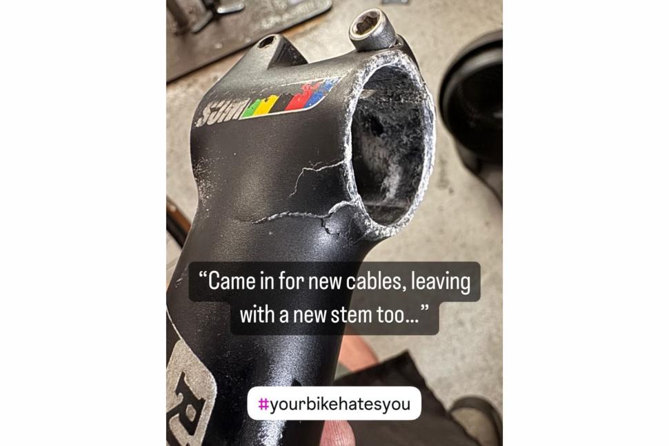 Cracked bike stem (image: @velohanger on Instagram)