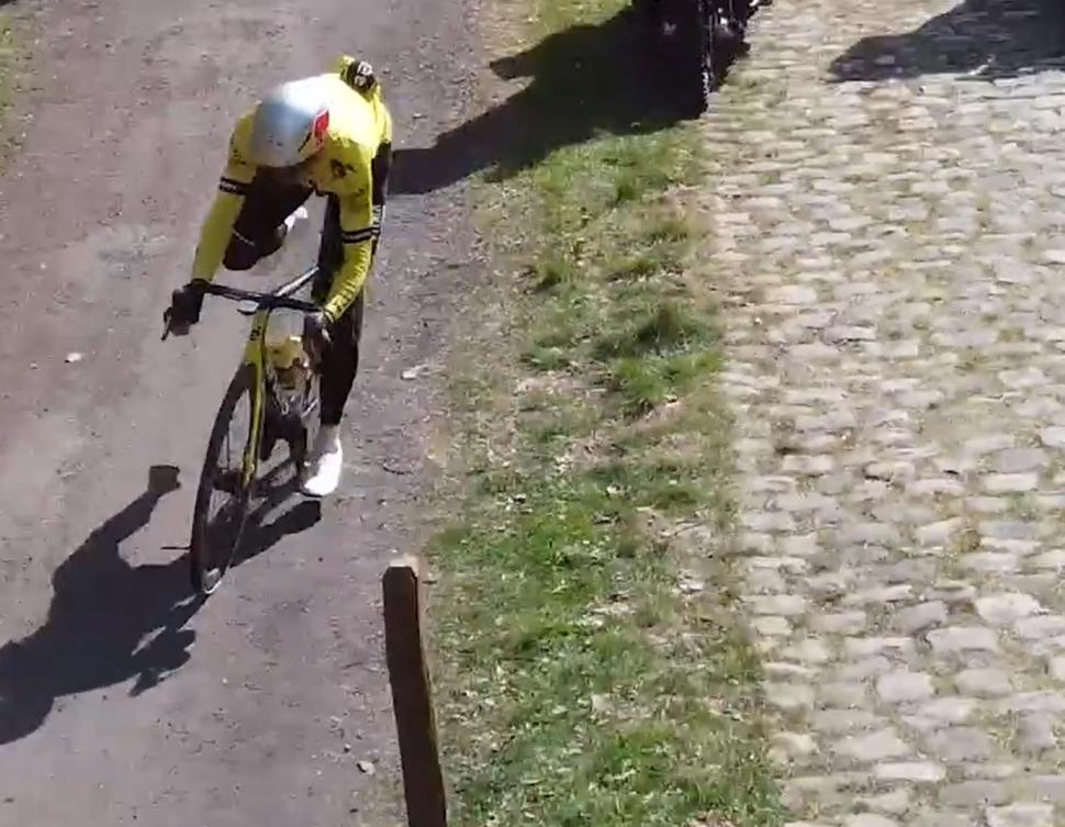 Wout van Aert almost crashes in the Forest of Arenberg during Paris-Roubaix recon ride, 2025 