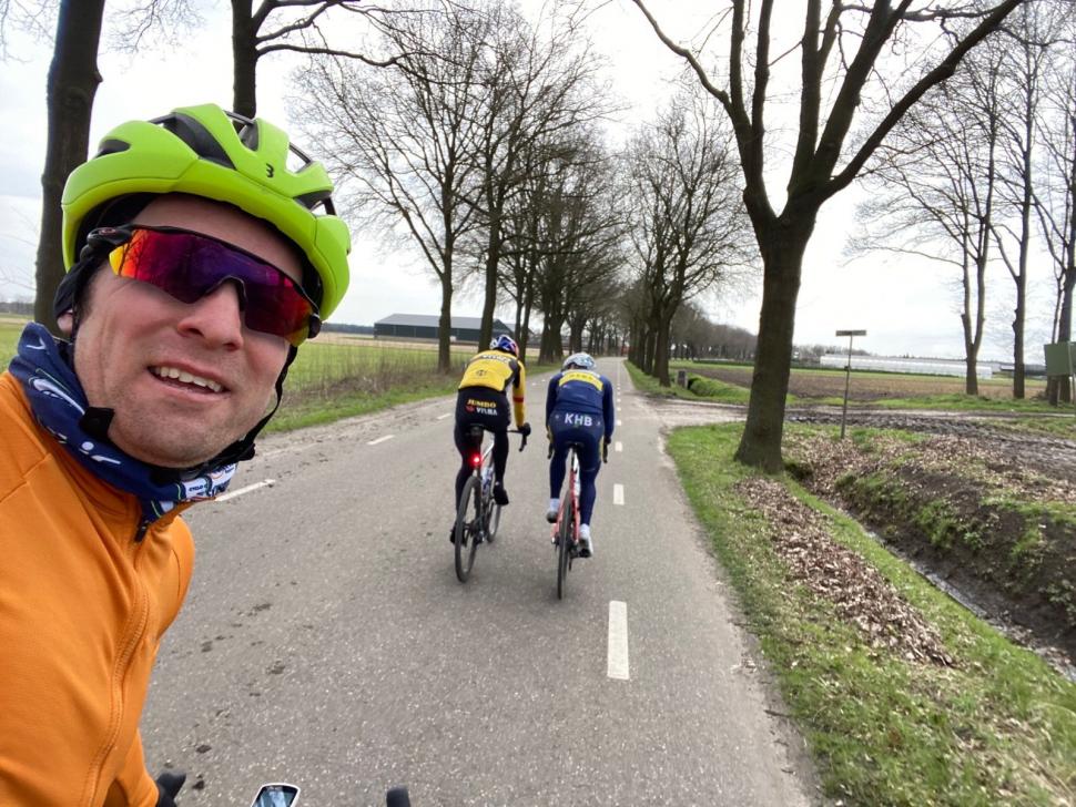 Wout van Aert during training ride in which received 'punishment pass' from lorry driver (credit - Jan Bakelants, Strava)