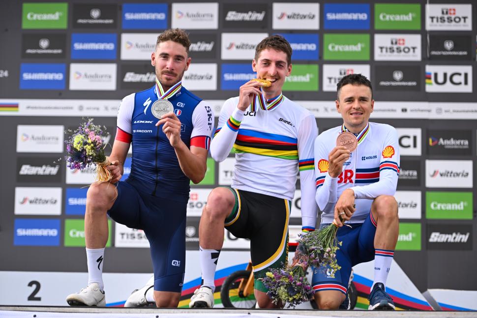 Alan Hatherley wins 2024 UCI mountain bike championships, ahead of Victor Koretzky and Tom Pidcock (Will Palmer/SWpix.com)