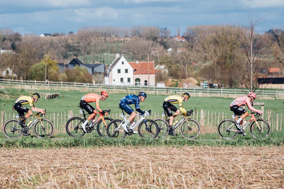 2024 Dwars door Vlaanderen: Tiesj Benoot, Josh Tarling, Stefan Küng; Matteo Jorgensen; Alberto Bettiol (Zac Williams/SWpix.com)