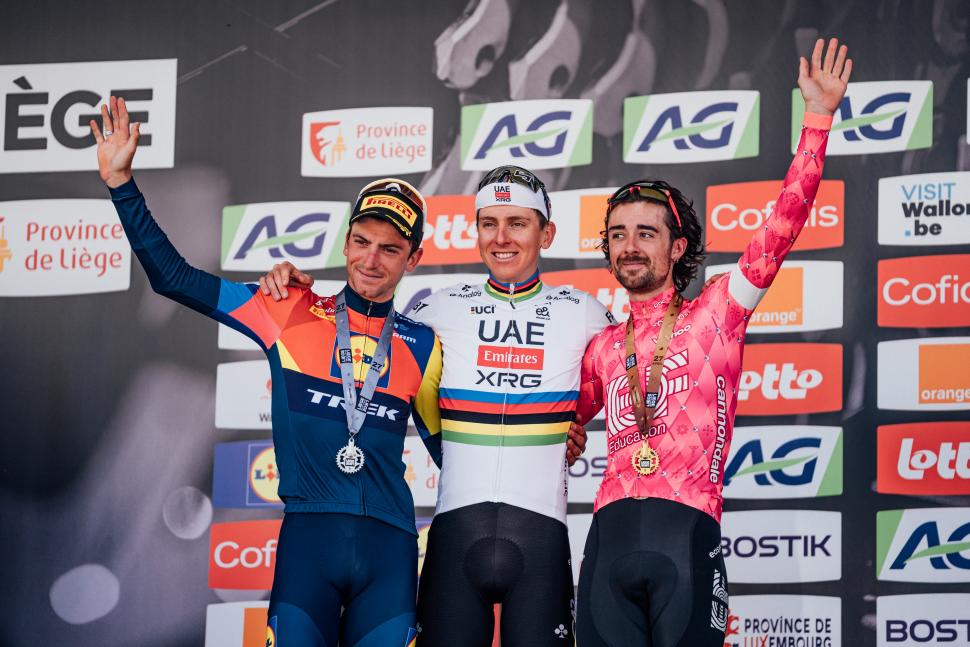 Guilio Ciccone, Tadej Pogačar, and Ben Healy, 2025 Liège-Bastogne-Liège
