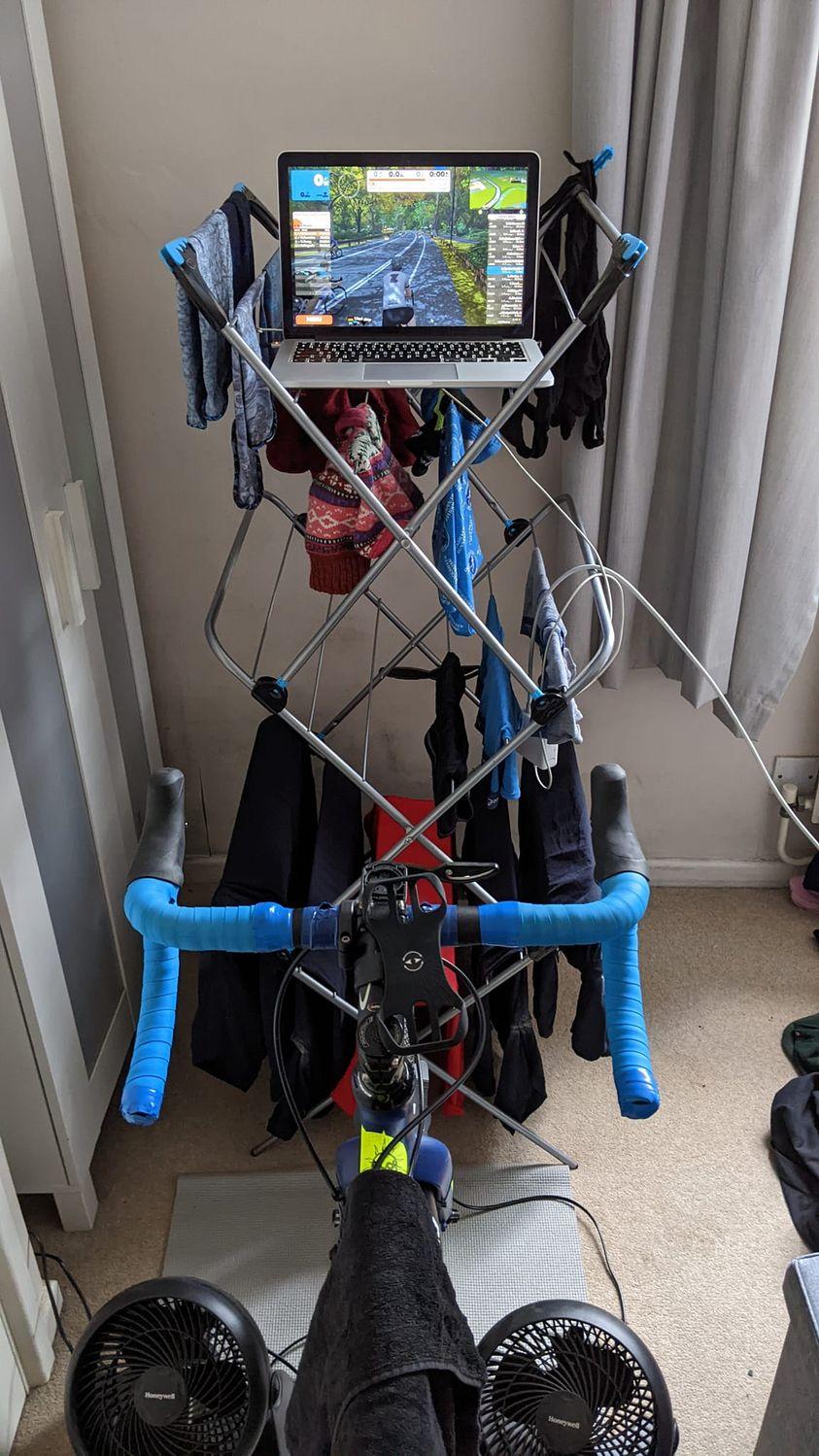 Zwift clothes horse set-up - via Devon Cumberland on Zwfit Riders facebook group