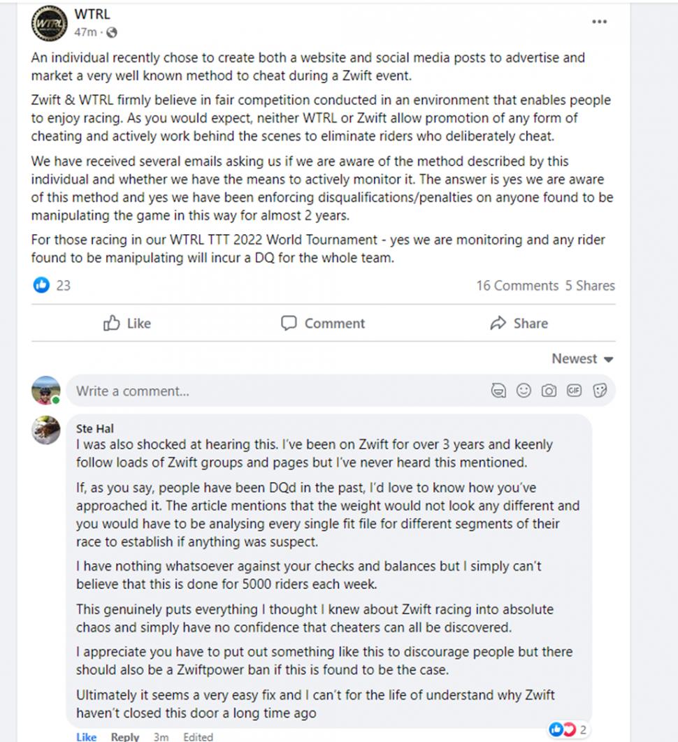 Zwift WTRL Hack Statement