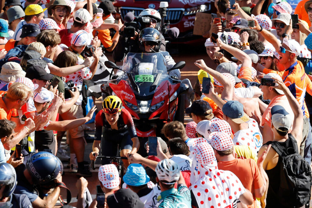 Tom Pidcock climbing Alpe d;Huez during Tour de France stage win