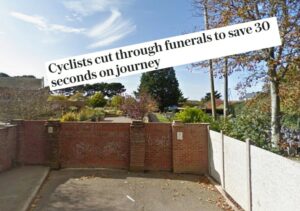 Wall outside Weymouth Crematorium, Dorset and Telegraph headline
