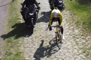 Wout van Aert almost crashes in the Forest of Arenberg during Paris-Roubaix recon ride, 2025
