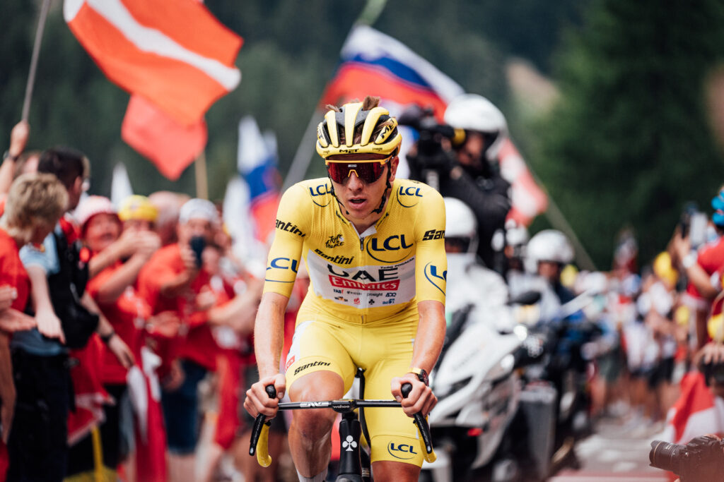 Tadej Pogačar climbing at the Tour de France 2024